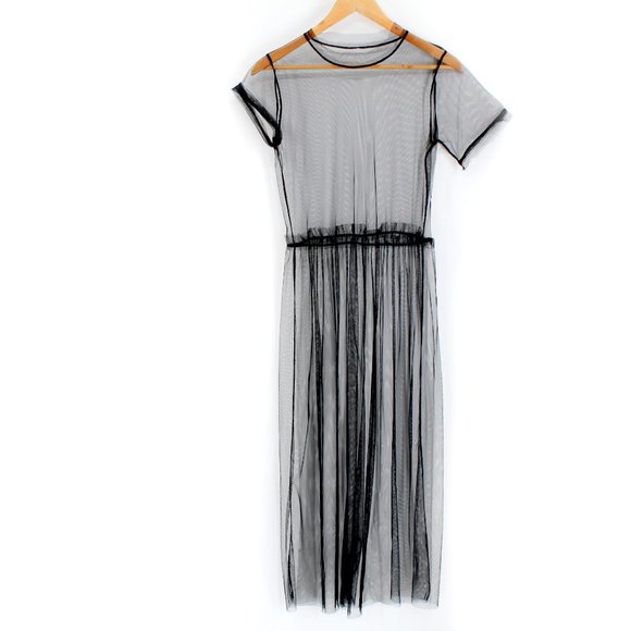 No Label Dresses & Skirts - Black Sheer Netting Mesh Tulle Fit Flare Dress Short Sleeve Midi Layer Crew Neck